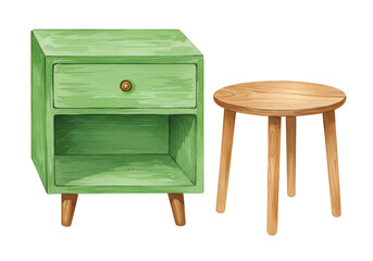 Illustration of Green Nightstand and Wooden Table