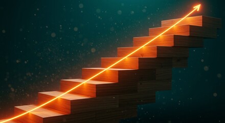 Ascending wooden steps with a glowing orange arrow pointing upwards, symbolizing growth and progress against a dark backdrop.