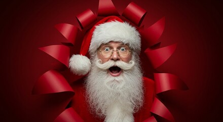 Surprised Santa Claus pops out from a giant red Christmas gift ribbon with a festive expression.