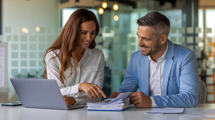 A professional office meeting scene with two business people reviewing documents at a modern desk.