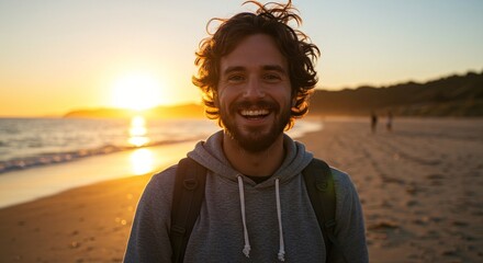Happy traveler enjoying a sunset walk on the beach, creating a serene moment with a warm glow, perfect for relaxation.