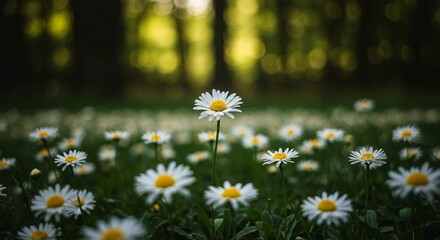 Field of daisies with lush green background. Nature's beauty shining, serene and calming, flowers blooming in a natural setting.