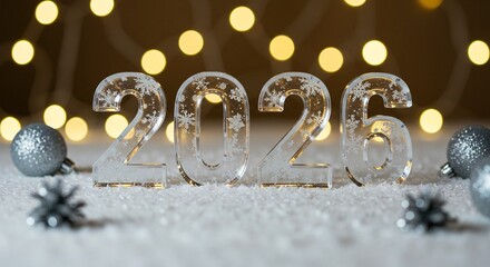 Festive 2026 new year decoration with lights and ornaments, on snow background, with focus on the see-through numbers.
