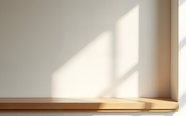 Wooden shelf against textured wall with sunlight. High quality