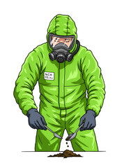 Illustration of Person in Hazmat Suit Examining Soil Sample