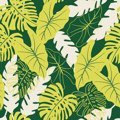 Abstract seamless tropical pattern with bright plants and leaves on a dark green background. Seamless exotic pattern with tropical plants. Modern abstract design for fabric, paper, interior decor.