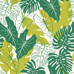 Abstract seamless tropical pattern with bright plants and leaves on a green background.Vector design. Jungle print. Floral background.  Seamless pattern with colorful leaves and plants.