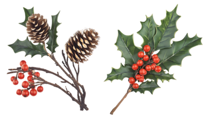 Festive Christmas Holly Berry and Pine Cone Decoration Isolated on White Background