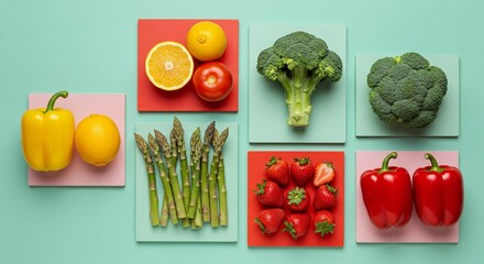 Fresh produce flat lay: Colorful variety of fruits and vegetables arranged artfully, promoting healthy eating and vibrant nutrition.