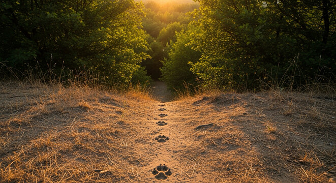 Forest hiking trail with footprints leading into the sunset light