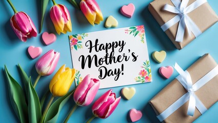Bright tulips, hearts, and wrapped gifts surround a "Happy Mother's Day!" card on a blue background.