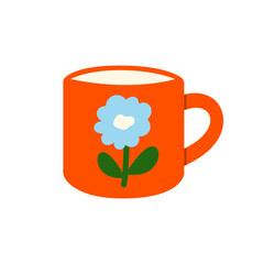 Ceramic mug with floral pattern. Teacup with floral decor. Teacup mug in modern trendy style. Flat vector illustration isolated on white background. Ceramic drinkware.