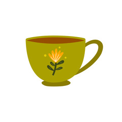 Ceramic mug with floral pattern. Teacup with floral decor. Teacup mug in modern trendy style. Flat vector illustration isolated on white background. Ceramic drinkware.