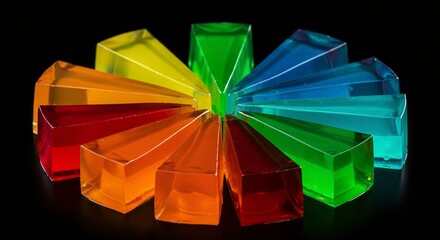 Vibrant gelatin desserts arranged in a colorful circle, showcasing a spectrum of translucent rainbow colors on a glossy surface.