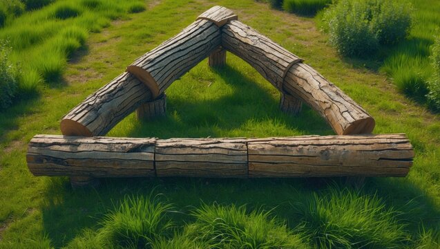 A triangular wooden structure made of logs on a grassy field.