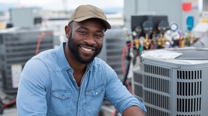 Skilled technician working on rooftop air conditioning units during a sunny day