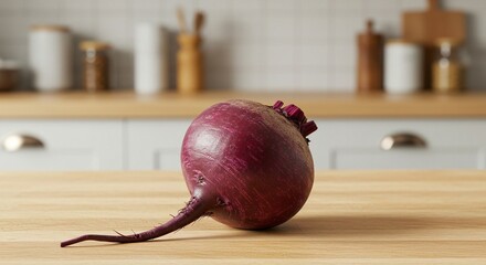 A vibrant, uncooked beetroot rests on a wooden countertop in a bright kitchen, ready to be used in a healthy recipe.