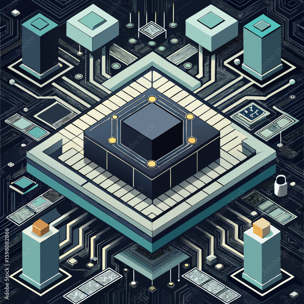 Poster futuristic isometric circuit board with central processor and data towers