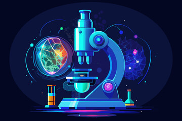 Futuristic microscope examining abstract biological structure and molecular network