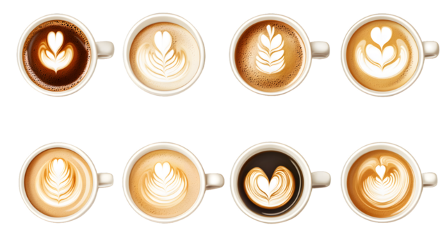 Collection of Cut Out Cappuccino and Coffee Art in Cups