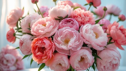 Bouquet of pink peonies and roses with green leaves, on light blue background. Fresh flowers, floral arrangement, spring decoration.