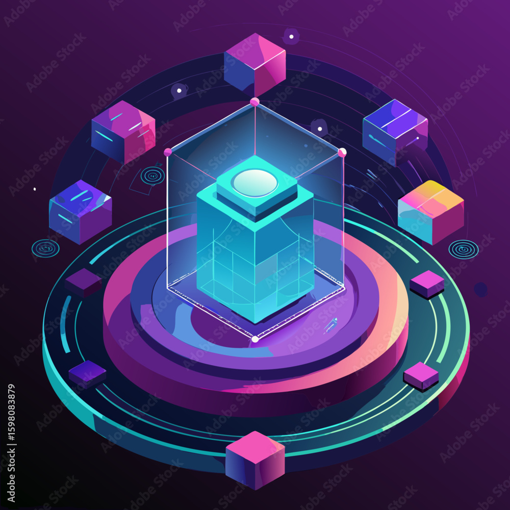 Poster futuristic digital network with glowing cubes and abstract technology platform