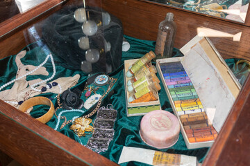 Accessories inside of a actors dressing table. Items