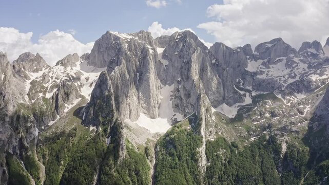 Aerial view of rugged mountain peaks with patches of snow contrasting with green vegetation, creating a stunning natural landscape, Vusanje, Gusinje Municipality, Montenegro.