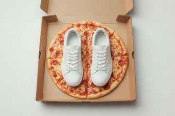 Fototapeta premium A pizza box containing a pepperoni pizza with a pair of white shoes placed on top of it.