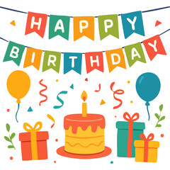 Celebration setup for "happy birthday" party with cake and gifts