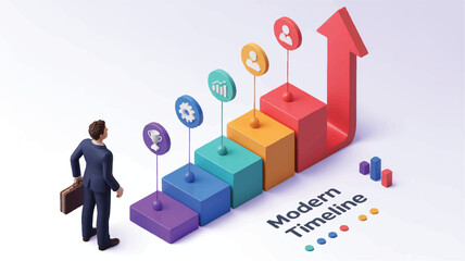 A 3D isometric business infographic showing a staircase-like growth timeline. The steps are colored in purple, blue, turquoise, yellow, and red, each connected by thin purple lines to circular icons 