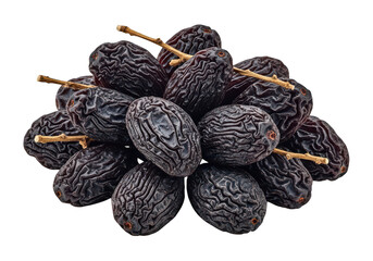 Dark wrinkled raisins with small stems on dried fruit