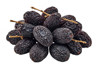 Dark wrinkled raisins with small stems on dried fruit