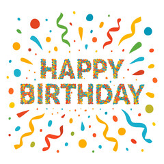 Colorful "Happy Birthday" text with confetti, festive celebration