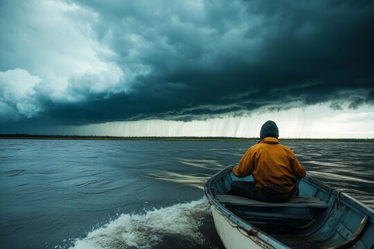 Lone fisherman in yellow jacket sitting in boat, facing dark storm clouds and rain over vast lake, dramatic weather scene - Powered by Adobe