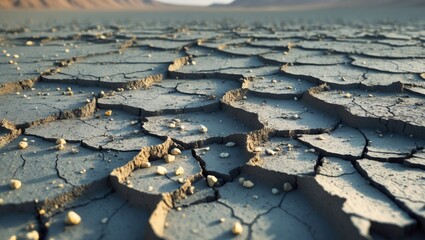 Dry cracked earth with pieces of soil and rocks on the surface.