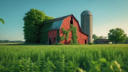 A rustic barn with climbing vines, trees, and a silo in a rural landscape during daytime.