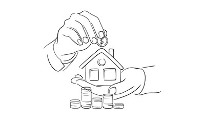 Business human hand hold coin and house, continious line drawing, digital marketing outline. Vector illustration