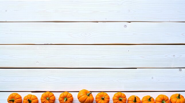 A row of orange mini-pumpkins aligned at the bottom on a white wooden background with ample copy space.