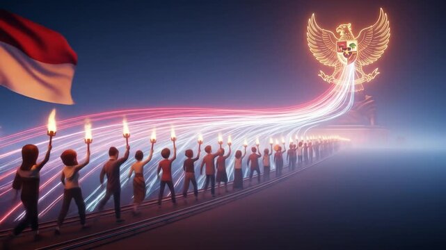 People Walking with Torches Towards National Symbol at Night