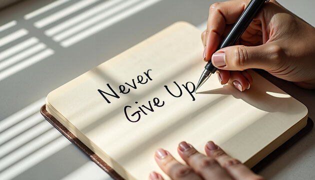 Hand writing motivational phrase "Never Give Up" in notebook