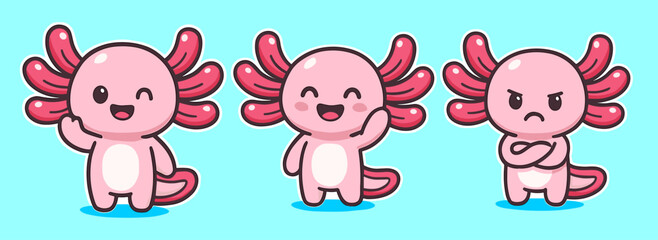 Axolotl cartoon characters express emotion