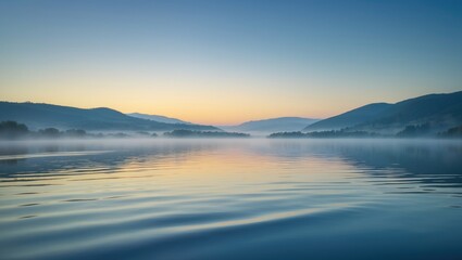 Obraz premium Serene lake at dawn with mist rising, surrounded by mountains and a clear sky. Nature and tranquility scene. Peaceful water landscape.