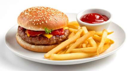 Delicious burger with fries and ketchup on a white plate, isolated on white background.
