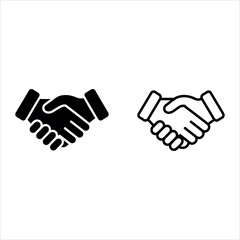 Two handshake icons one solid black one outline on white background agreement deal
