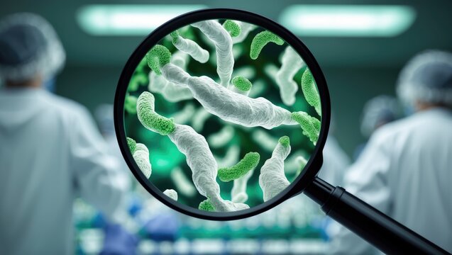 Microscopic view of bacteria through a magnifying glass in a laboratory setting. Scientists and researchers examining microorganisms. Microbiology and infection control. - Powered by Adobe