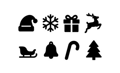 Silhouette icons of christmas: hat, snowflake, gift, reindeer, sleigh, bell, candy cane, tree