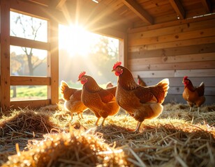 Realistic Chickens Pecking Straw Inside Rustic Wooden Coop with Sunlight Rays