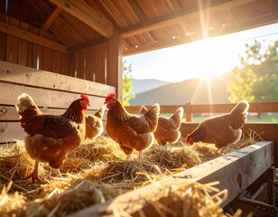 Realistic Chickens Pecking Straw Inside Rustic Wooden Coop with Sunlight Rays
