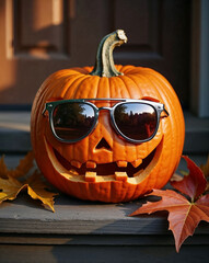 Jack'o'lantern pumpkin wearing sunglasses in front of a house